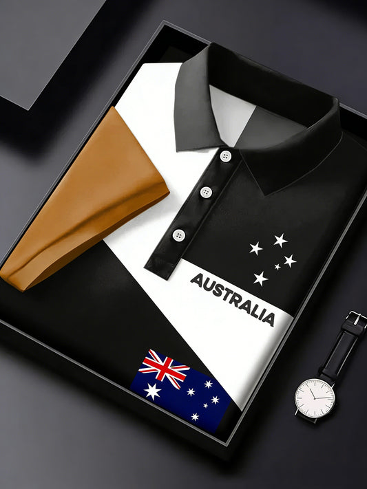 Men's Retro Australian Flag Patch Artwork Casual Short-Sleeve Polo Shirt