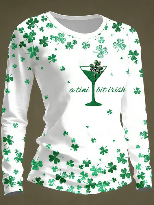 Women's Funny St. Patrick's Day Shamrock Art Round Neck Long Sleeve T-shirt