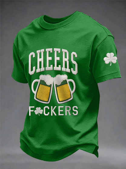 Men's Funny St. Patrick's Day Cheers F*ckers Shamrock Print Casual Tee