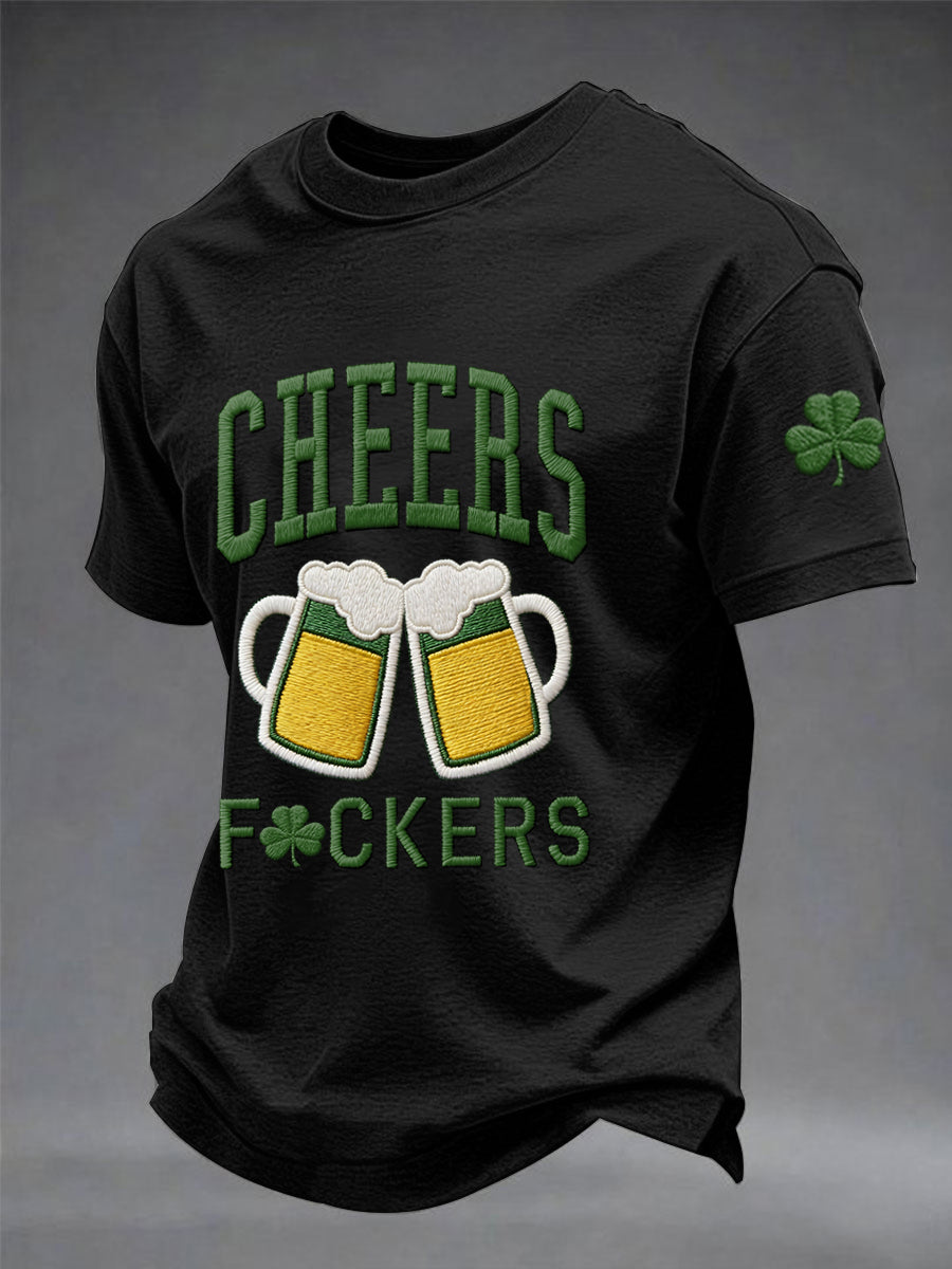 Men's Funny St. Patrick's Day Cheers F*ckers Shamrock Print Casual Tee