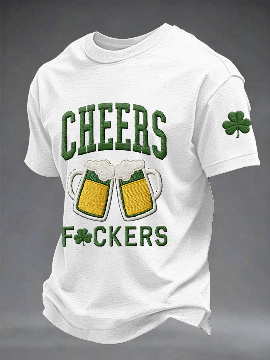 Men's Funny St. Patrick's Day Cheers F*ckers Shamrock Print Casual Tee