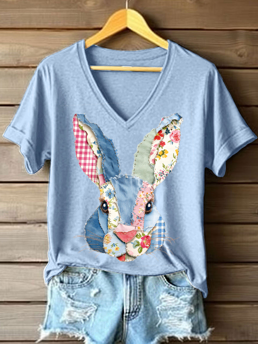 Women's Cute Bunny Patchwork Pattern V-Neck T-Shirt