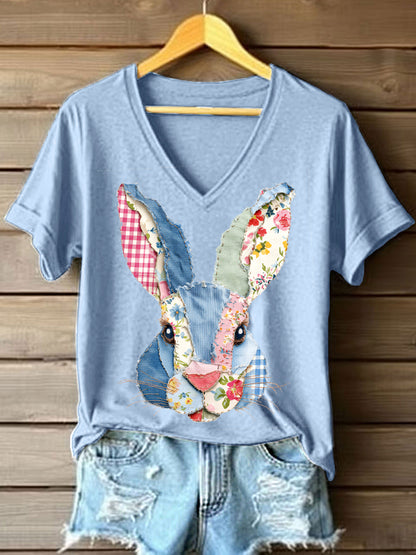 Women's Cute Bunny Patchwork Pattern V-Neck T-Shirt