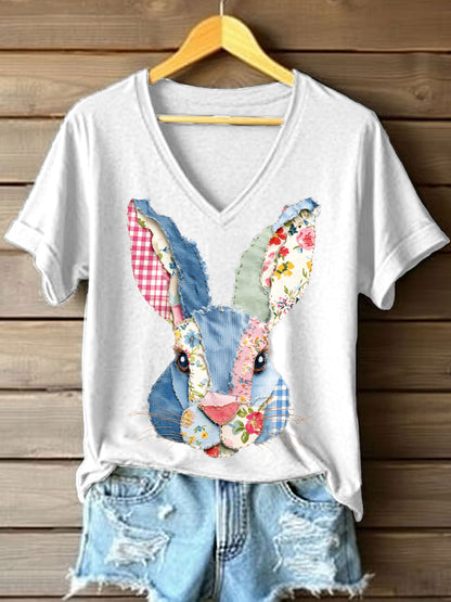 Women's Cute Bunny Patchwork Pattern V-Neck T-Shirt