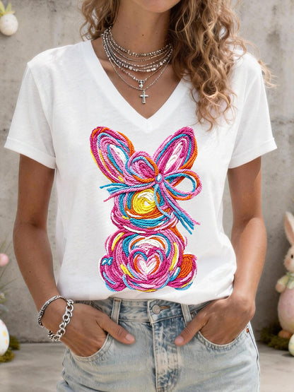 Women's Cute Bunny Pattern V-Neck T-Shirt