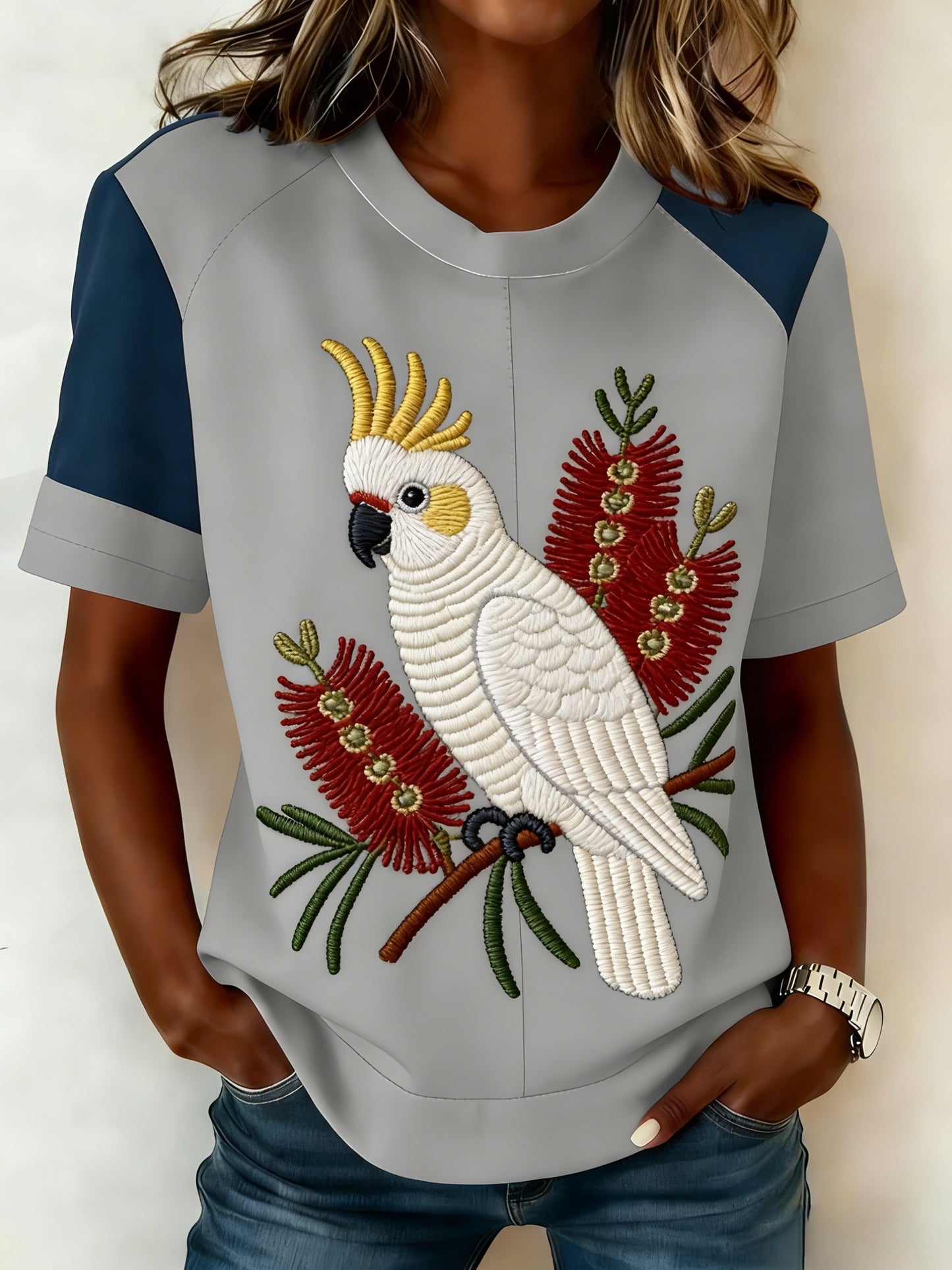 Vintage Aussie Cute Pink Cockatoo Print Casual T-Shirt