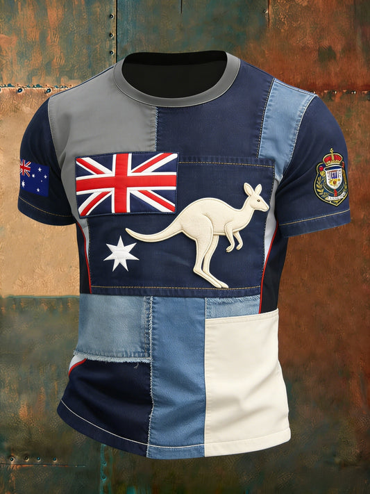 Men's Retro Australian Flag Patch Patchwork Casual Short Sleeve T-Shirt