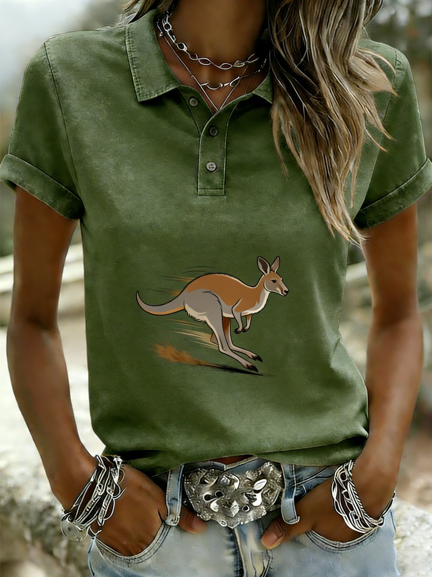 Women's Retro Australian Kangaroo Run Art Casual Comfortable Short Sleeve T-Shirt
