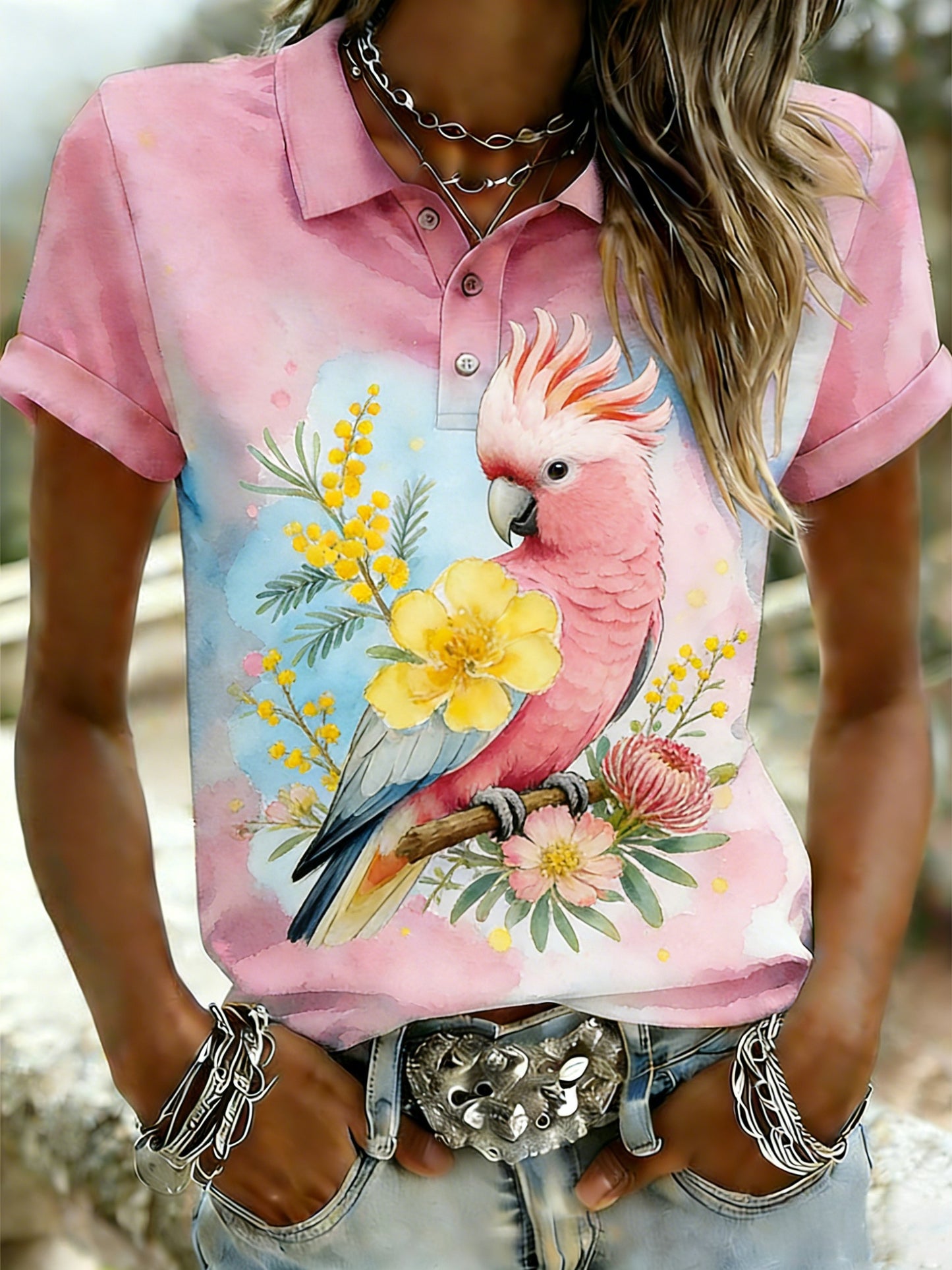 Women's Vintage Aussie Cute Pink Cockatoo Casual Comfortable Short Sleeve T-Shirt