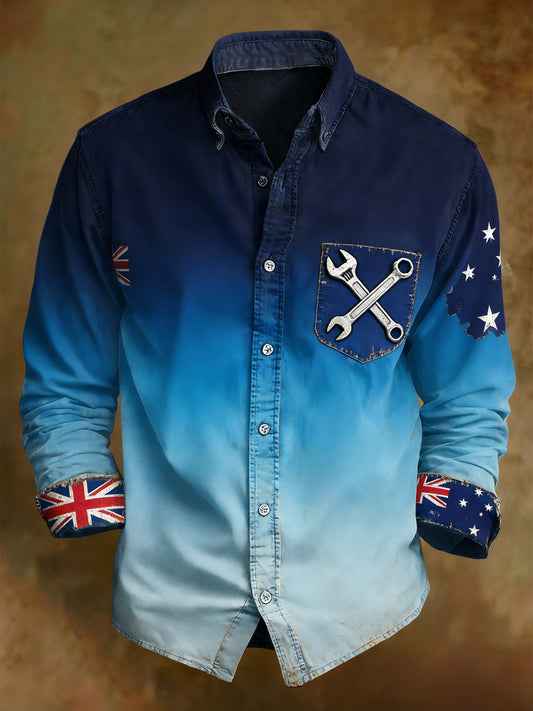 Men's Retro Australian Flag Badge Print Casual Long Sleeve Pocket Shirt