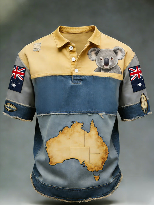 Men's Retro Australian Flag Badge Patchwork Art Print Casual Short-Sleeve T-Shirt