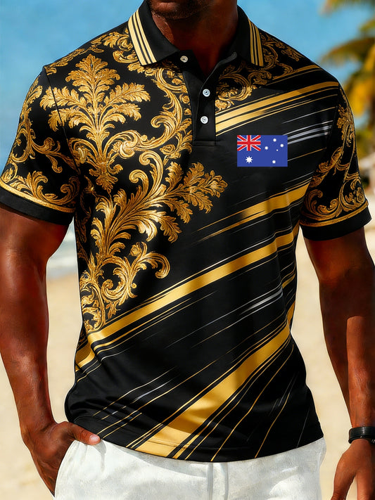 Vintage Australian Flag Badge Sports Patchwork  Printed Casual Cotton Short Sleeve Polo Shirt