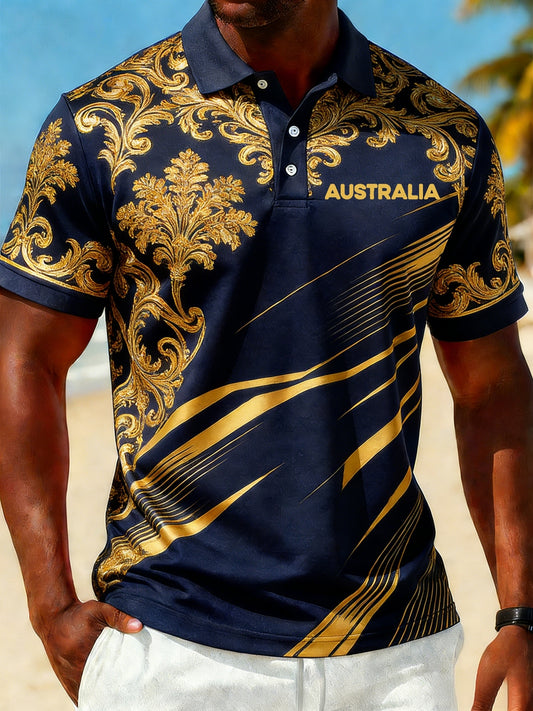 Vintage Australian Flag Badge Sports Patchwork  Printed Casual Cotton Short Sleeve Polo Shirt