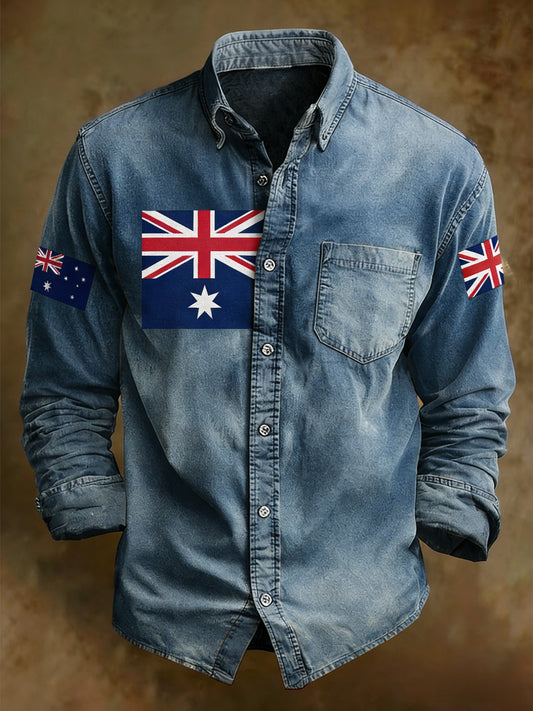 Men's Retro Australian Flag Badge Print Casual Long Sleeve Pocket Shirt