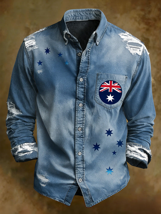 Men's Retro Australian Flag Badge Print Casual Long Sleeve Pocket Shirt