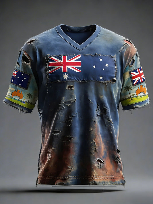 Men's Retro Australian Flag Badge Print Casual Short-Sleeve T-Shirt