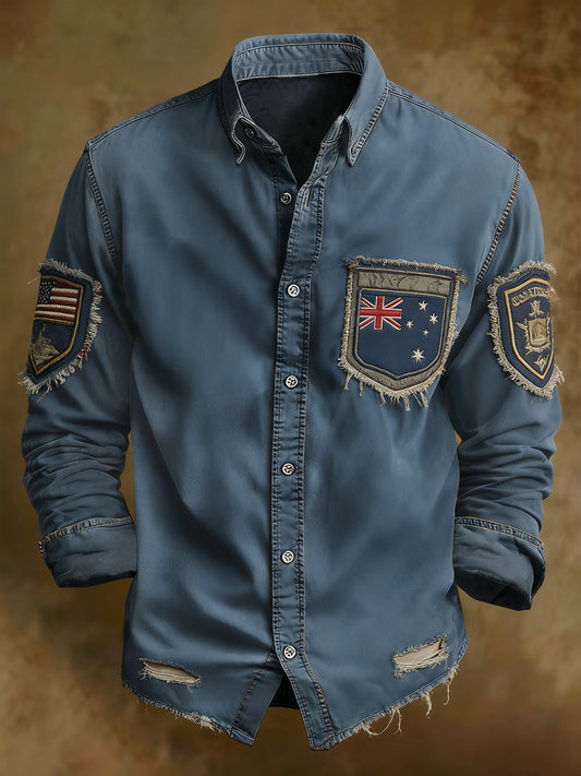 Men's Retro Australian Flag Badge Print Casual Long Sleeve Pocket Shirt