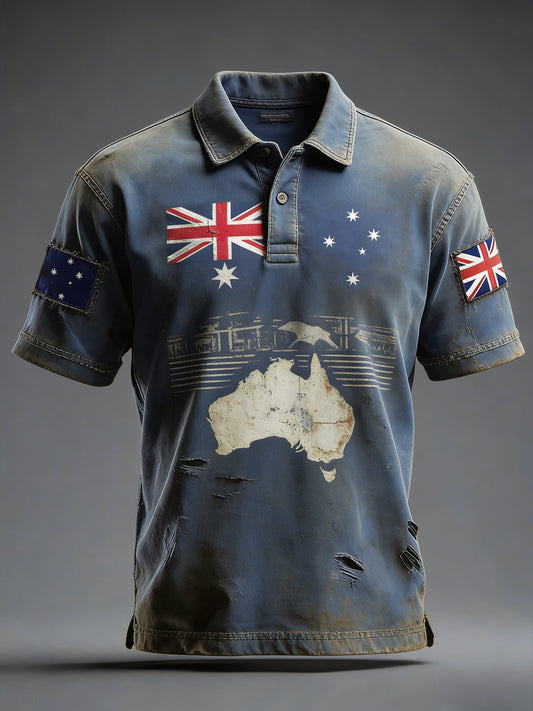 Men's Retro Australian Flag Badge Print Casual Short-Sleeve Polo Shirt