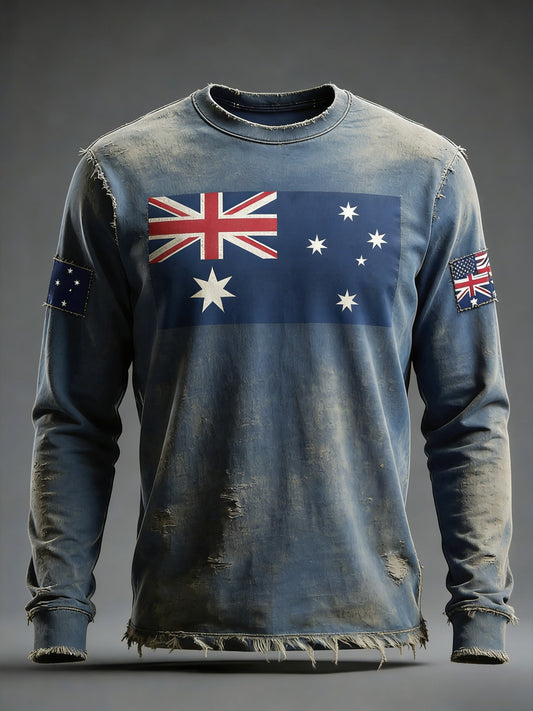 Men's Retro Australian Flag Badge Print Casual Long-Sleeve Sweatshirt