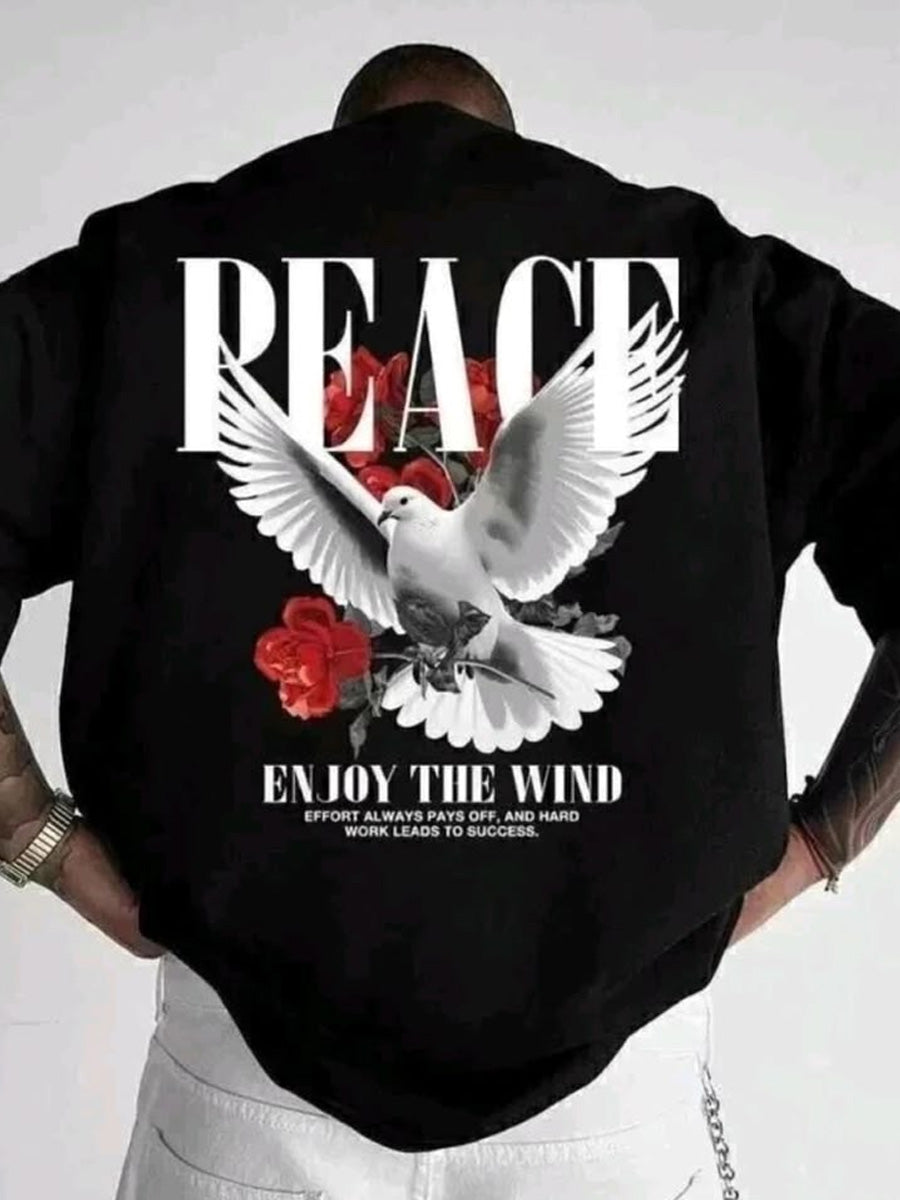 Men's Peace-Themed Distressed Street Style Printed T-Shirt