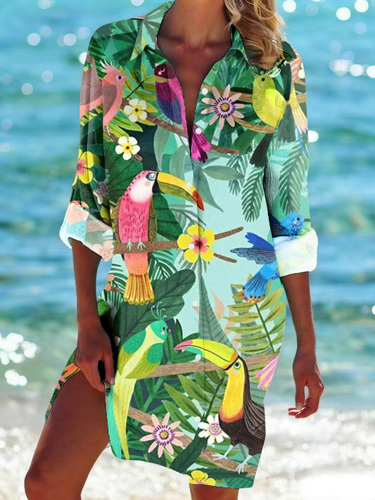 Women's Tropical Floral Print Casual Mid-Length Shirt