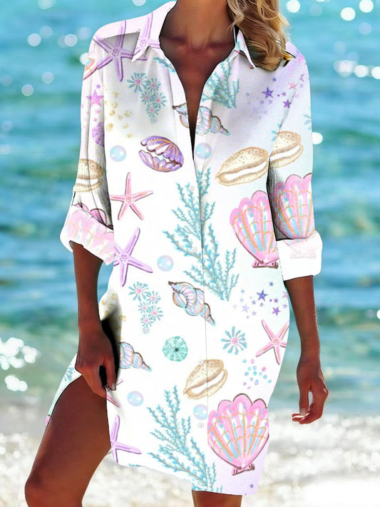Women's Beautiful Ocean Print Casual Mid-Length Shirt