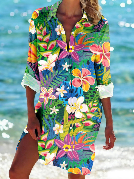 Women's Tropical Floral Print Casual Mid-Length Shirt