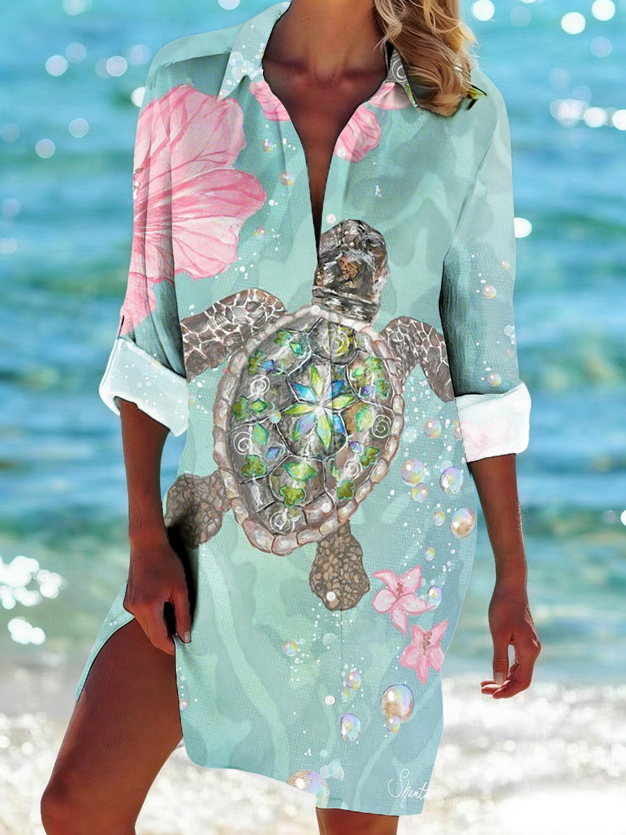 Women's Sea Turtle Print Casual Mid-Length Shirt