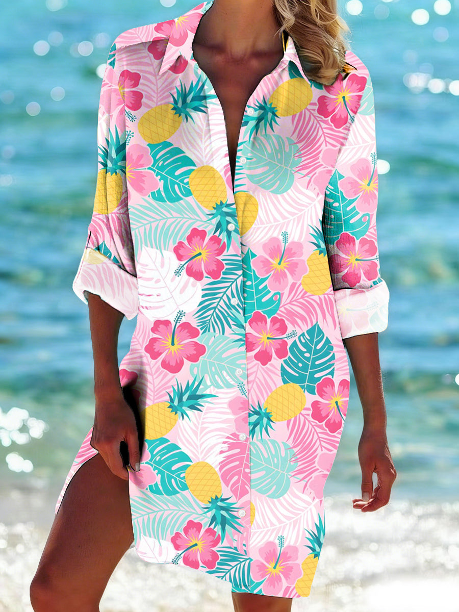 Women's Tropical Floral Print Casual Mid-Length Shirt