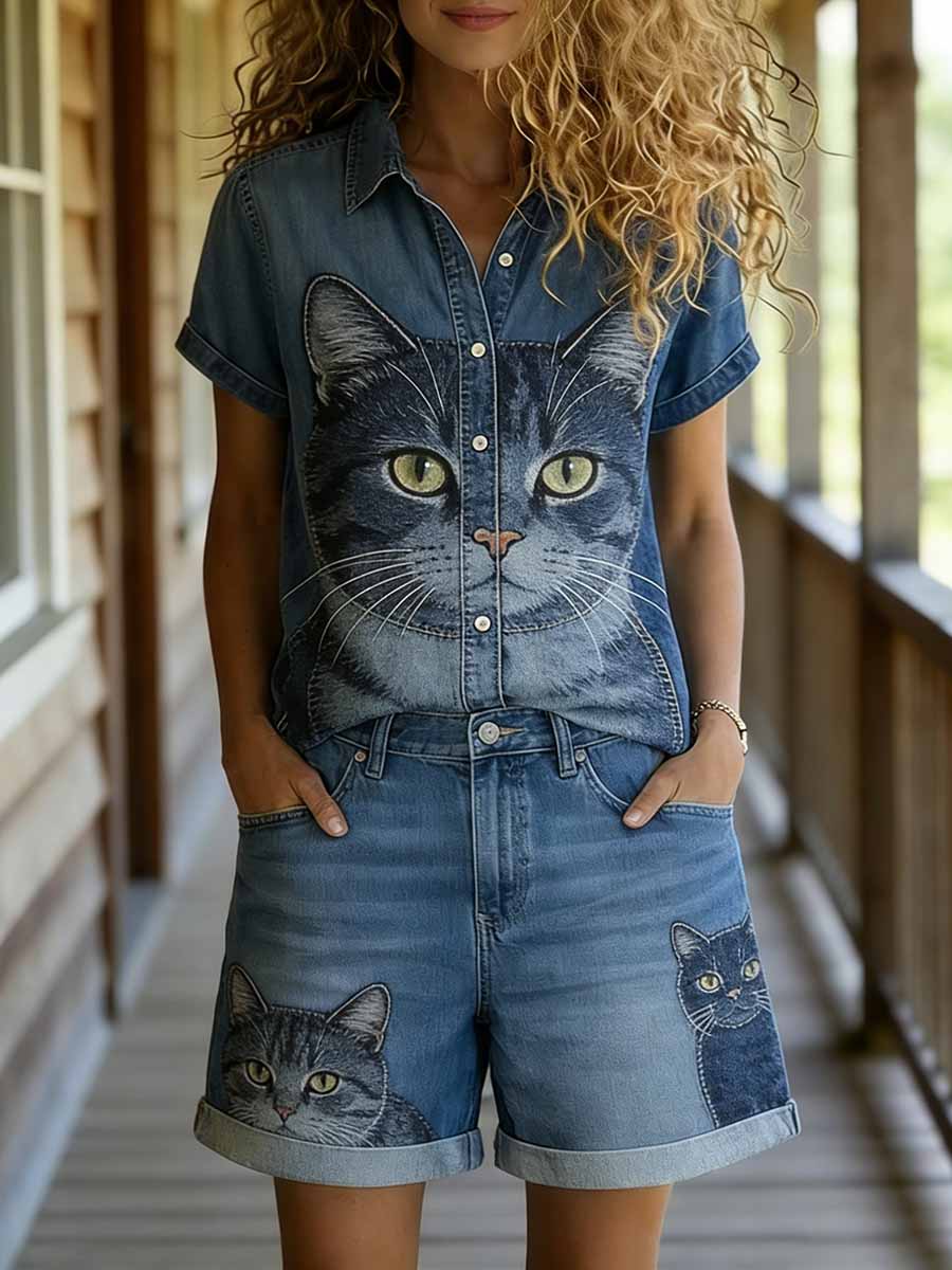 Women's Fashion Animal Print Casual Short Sleeve Shirt And Shorts Set