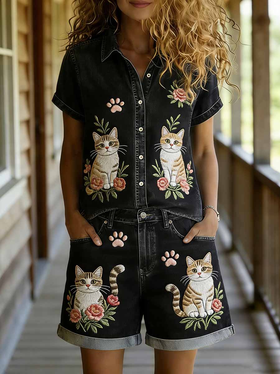 Women's Fashion Animal Print Casual Short Sleeve Shirt And Shorts Set