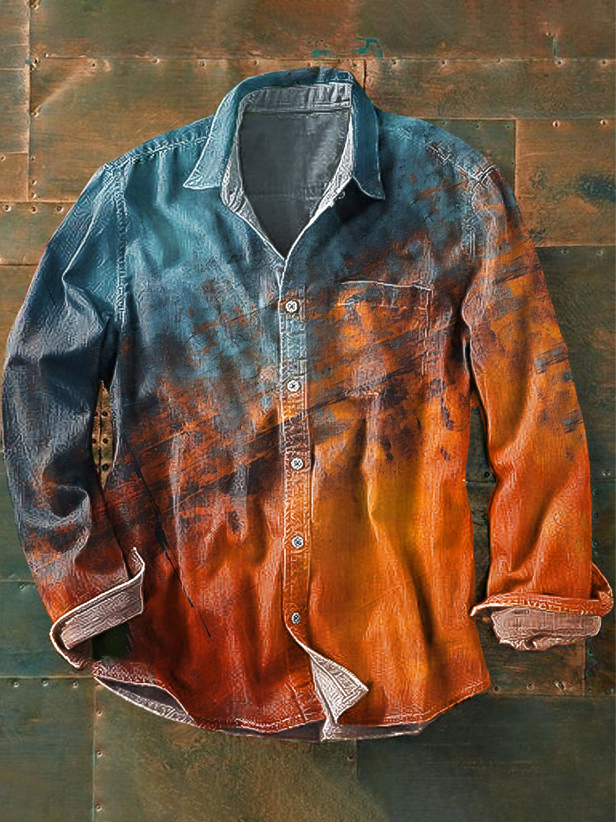 Sunset Sky Mixed Print Casual Cotton Long-Sleeve Shirt