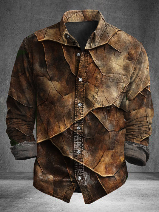 Dried Leaf Print Casual Cotton Long-Sleeve Shirt