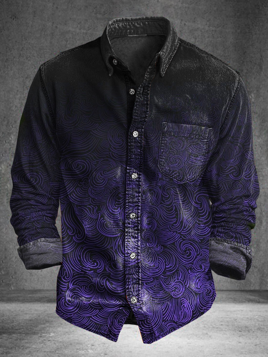 Gradient Cloud Print Casual Cotton Long-Sleeve Shirt