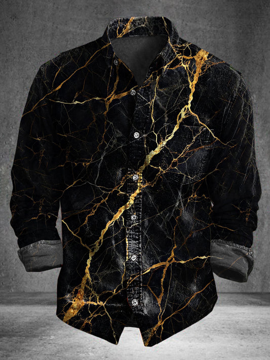 Marble-Print Gold-Accent Casual Cotton Long-Sleeve Shirt