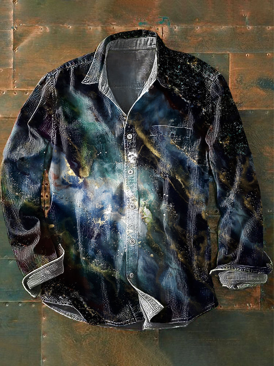 Starry Vortex Print Casual Cotton Long-Sleeve Shirt