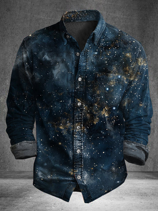Sparkling Starry Sky Print Casual Cotton Long-Sleeve Shirt