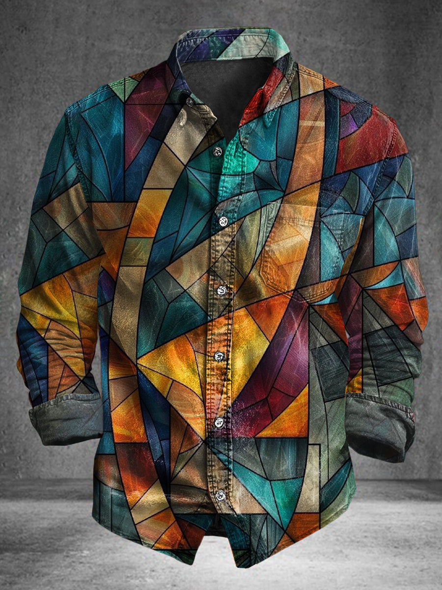 Colorful Irregular Plaid Print Casual Cotton Long-Sleeve Shirt