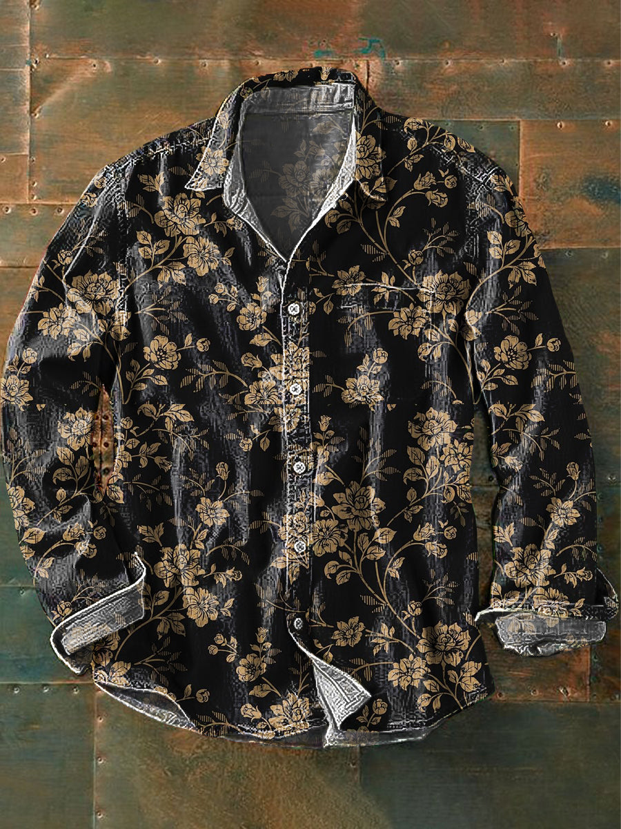 Retro Floral Print Casual Cotton Long-Sleeve Shirt