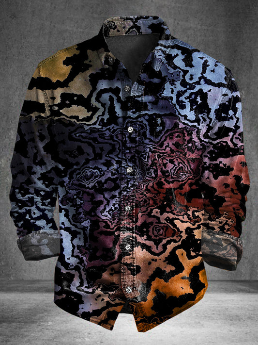 Abstract Irregular Color-Mix Print Casual Cotton Long-Sleeve Shirt