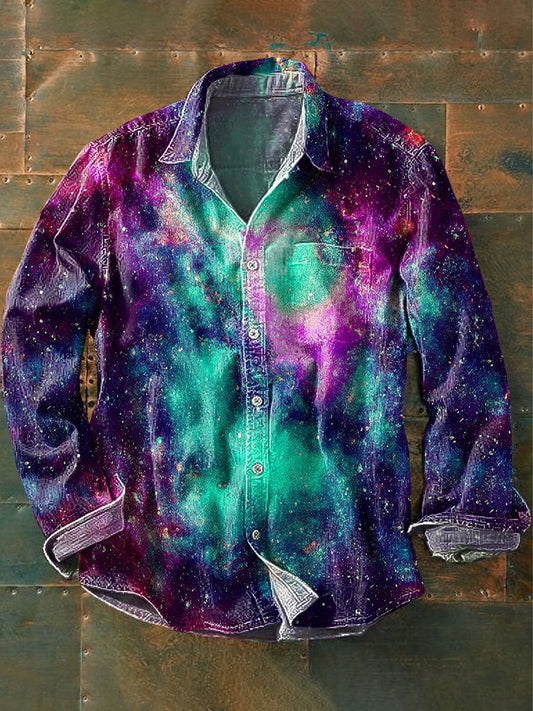 Starry Sky Abstract Color-Block Print Casual Cotton Long-Sleeve Shirt