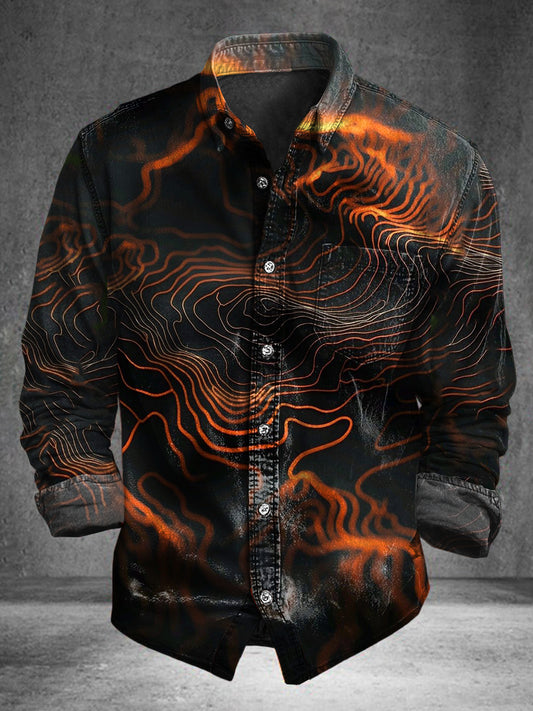 Abstract Twisted-Line Print Casual Cotton Long-Sleeve Shirt
