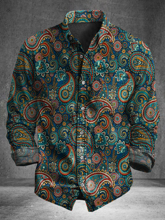 Abstract Paisley Swirl Print Casual Cotton Long-Sleeve Shirt