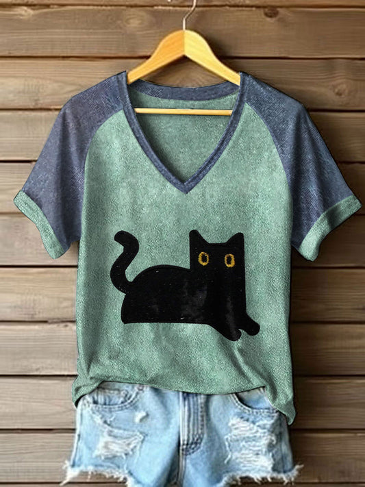 Women's black cat color-block V-neck T-shirts