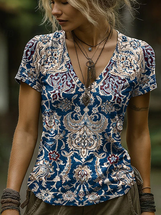 Western Flowers Printed Vintage Fashion Loose Short Sleeve T-Shirt