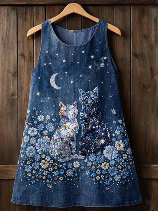 Casual Pop Cat Denim Patchwork Dress