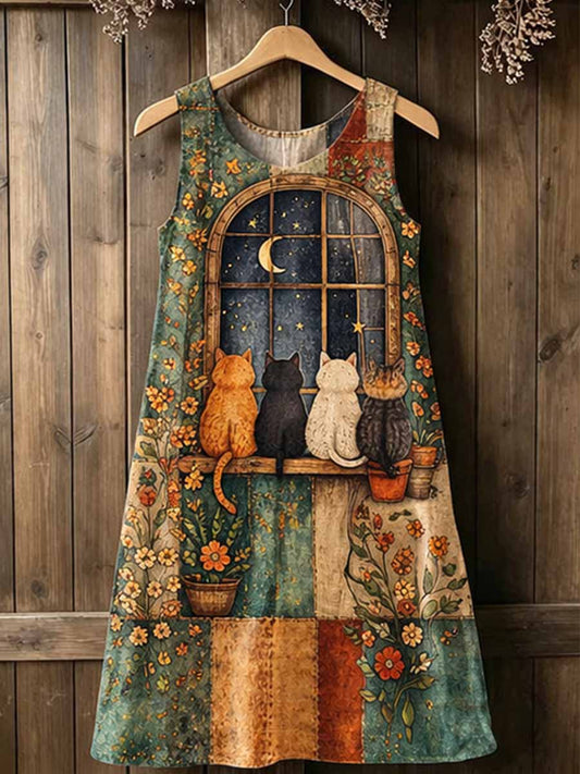 Casual Pop Cat Denim Patchwork Dress