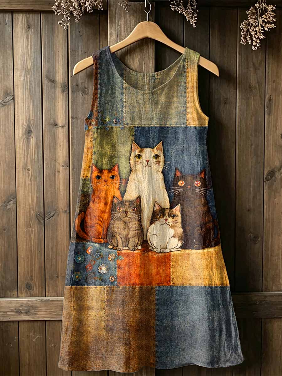 Casual Pop Cat Denim Patchwork Dress