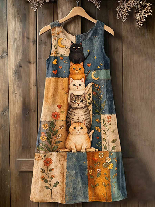 Casual Pop Cat Denim Patchwork Dress