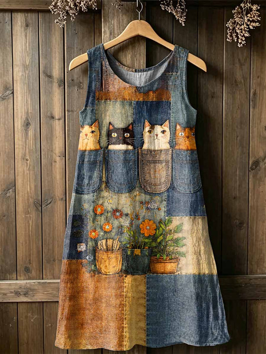 Casual Pop Cat Denim Patchwork Dress